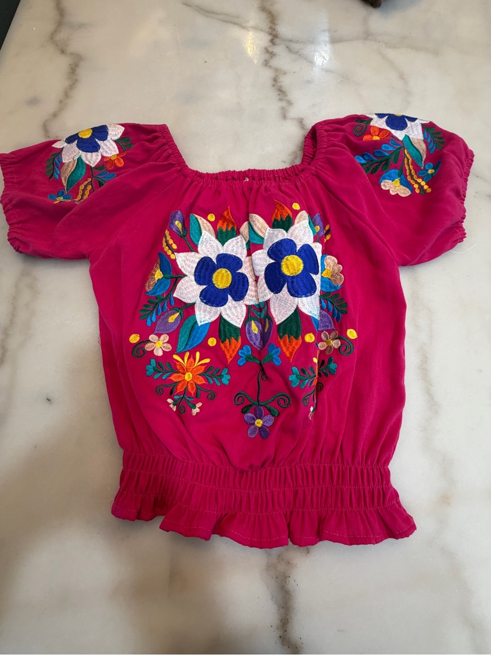 Embroidered Fuchsia Peasant Blouse with Floral Accents